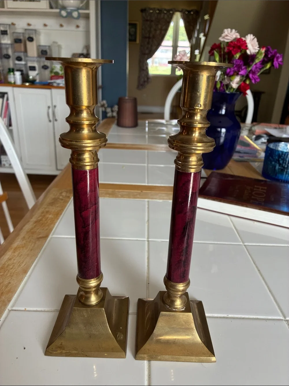 Brass and Burgundy Home Accents Candlestick Pair